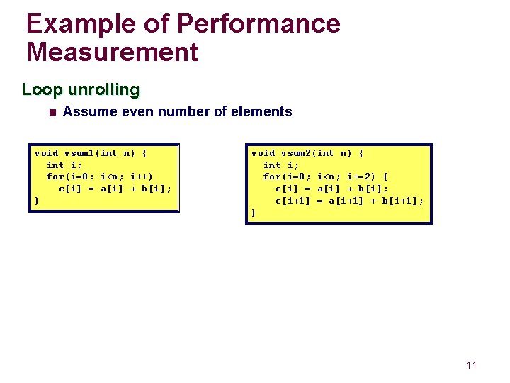 Example of Performance Measurement Loop unrolling n Assume even number of elements void vsum