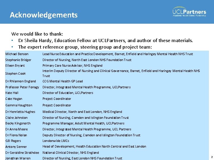Acknowledgements We would like to thank: • Dr Sheila Hardy, Education Fellow at UCLPartners,
