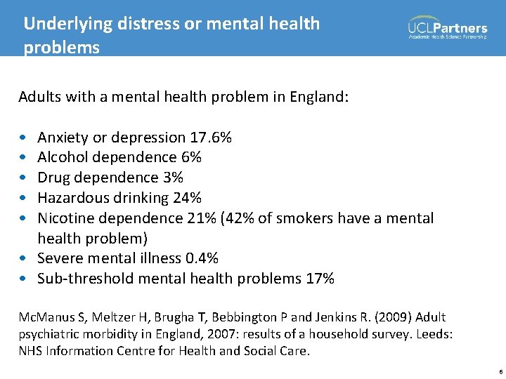 Underlying distress or mental health problems Adults with a mental health problem in England: