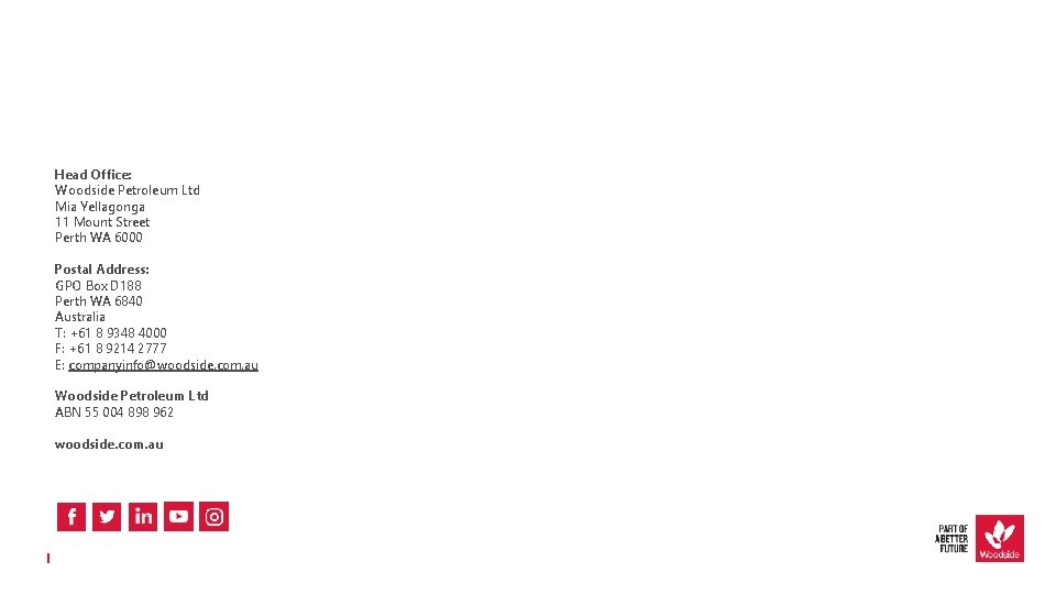 Head Office: Woodside Petroleum Ltd Mia Yellagonga 11 Mount Street Perth WA 6000 Postal