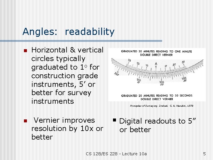 Angles: readability n n Horizontal & vertical circles typically graduated to 1 o for