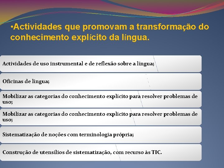  • Actividades que promovam a transformação do conhecimento explícito da língua. Actividades de