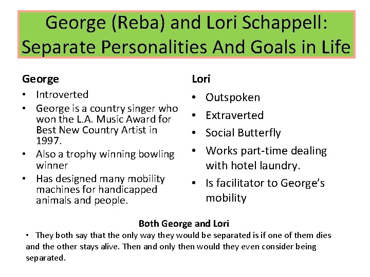 George (Reba) and Lori Schappell: Separate Personalities And Goals in Life George Lori •