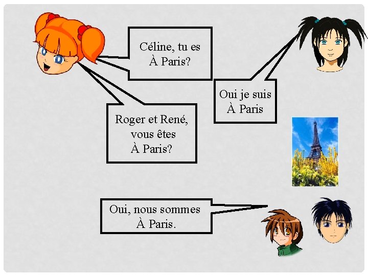 Céline, tu es À Paris? Roger et René, vous êtes À Paris? Oui, nous