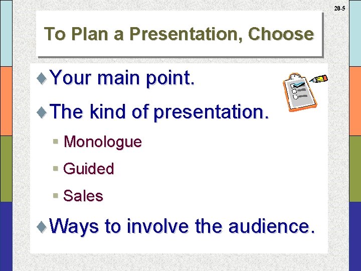 20 -5 To Plan a Presentation, Choose ¨Your main point. ¨The kind of presentation.