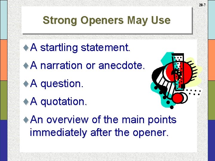 20 -7 Strong Openers May Use ¨A startling statement. ¨A narration or anecdote. ¨A