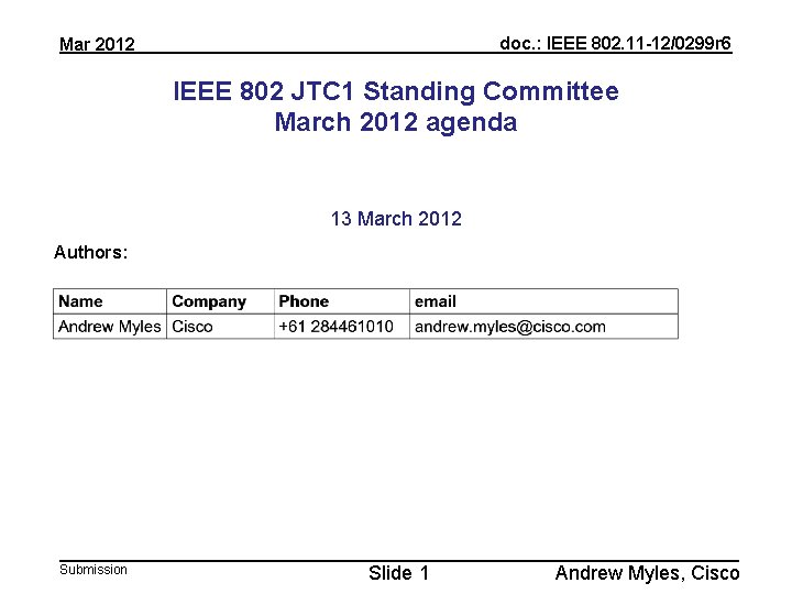 doc. : IEEE 802. 11 -12/0299 r 6 Mar 2012 IEEE 802 JTC 1