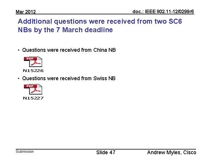 doc. : IEEE 802. 11 -12/0299 r 6 Mar 2012 Additional questions were received