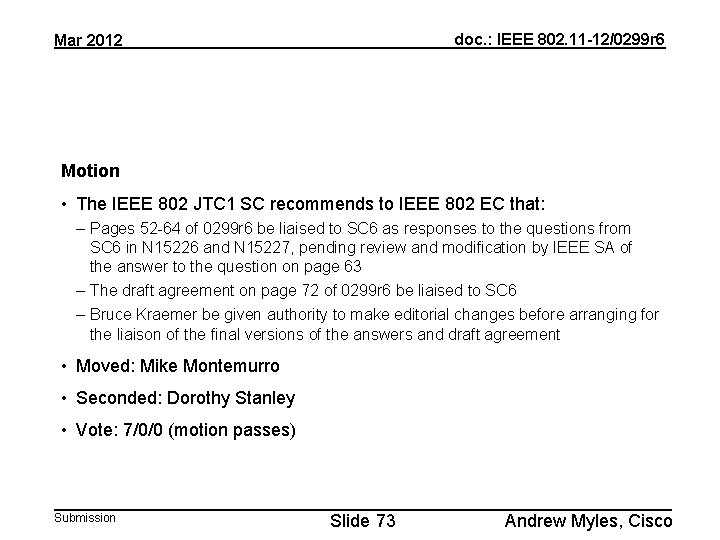 doc. : IEEE 802. 11 -12/0299 r 6 Mar 2012 Motion • The IEEE