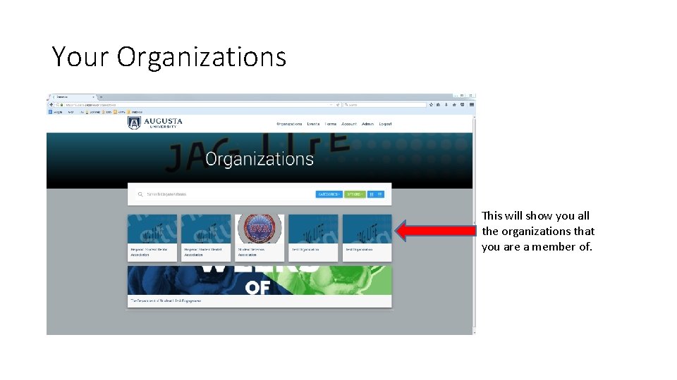 Your Organizations This will show you all the organizations that you are a member