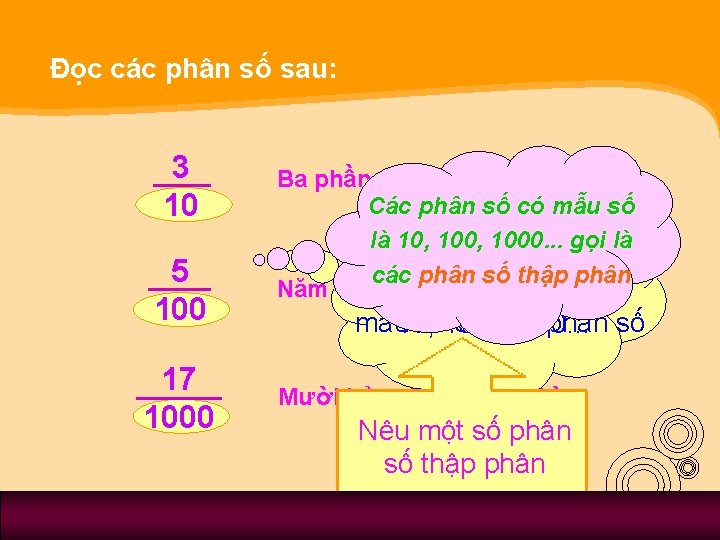 Đọc các phân số sau: 3 10 5 100 17 1000 Ba phần mười