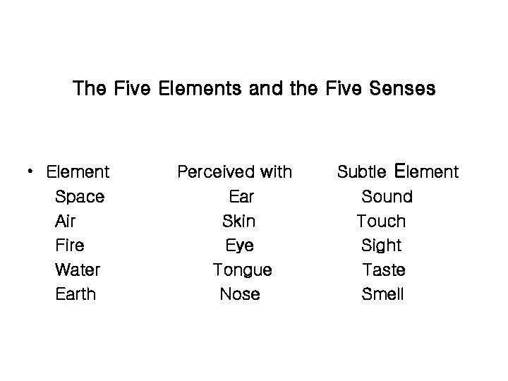 The Five Elements and the Five Senses • Element Space Air Fire Water Earth