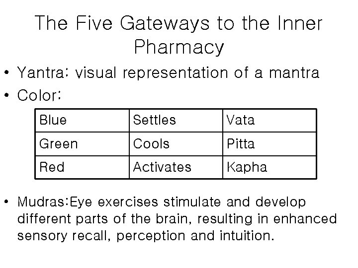 The Five Gateways to the Inner Pharmacy • Yantra: visual representation of a mantra