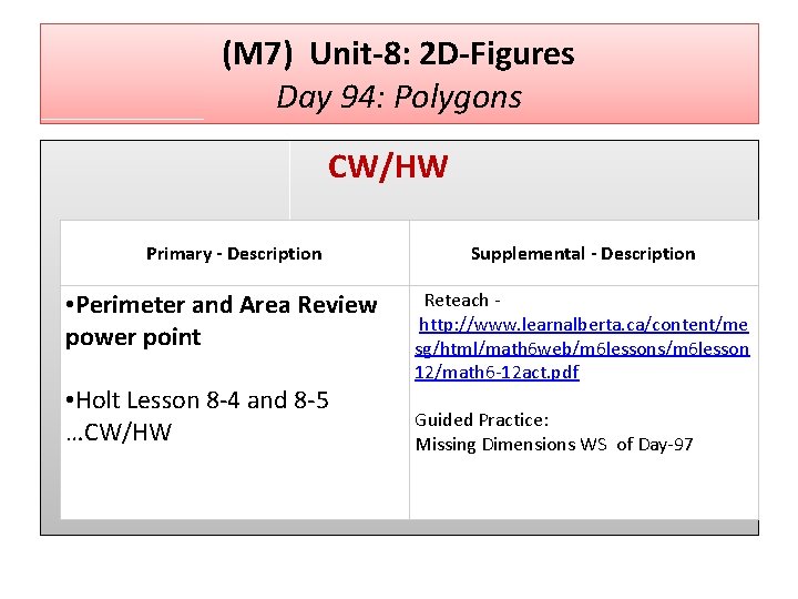 (M 7) Unit-8: 2 D-Figures Day 94: Polygons CW/HW Primary - Description • Perimeter