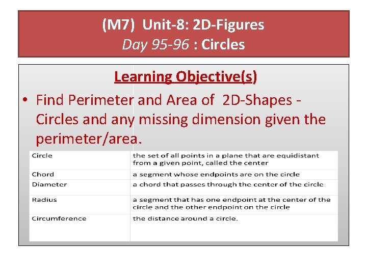 (M 7) Unit-8: 2 D-Figures Day 95 -96 : Circles Learning Objective(s) • Find
