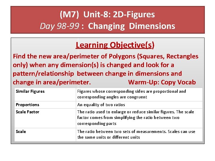 (M 7) Unit-8: 2 D-Figures Day 98 -99 : Changing Dimensions Learning Objective(s) Find