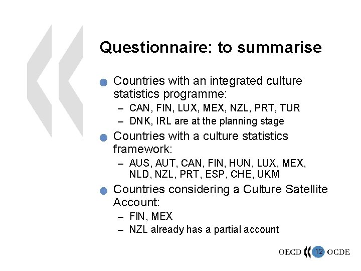 Questionnaire: to summarise n Countries with an integrated culture statistics programme: – CAN, FIN,