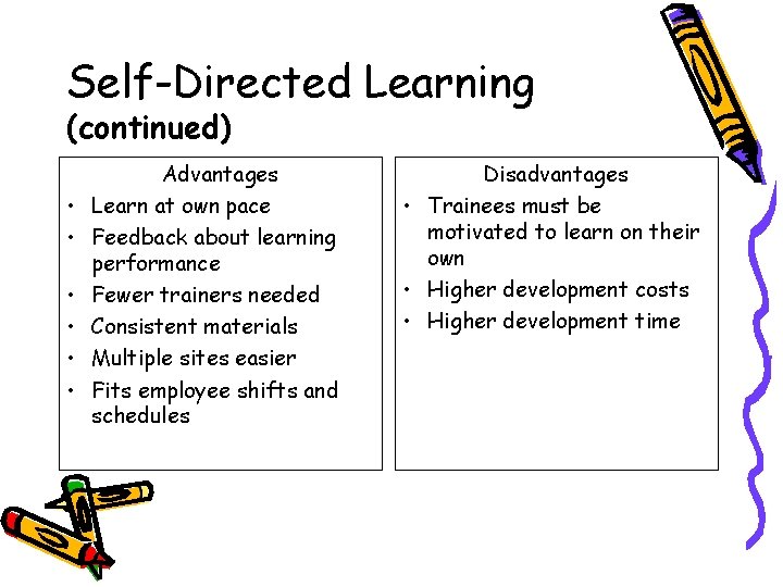 Self-Directed Learning (continued) • • • Advantages Learn at own pace Feedback about learning