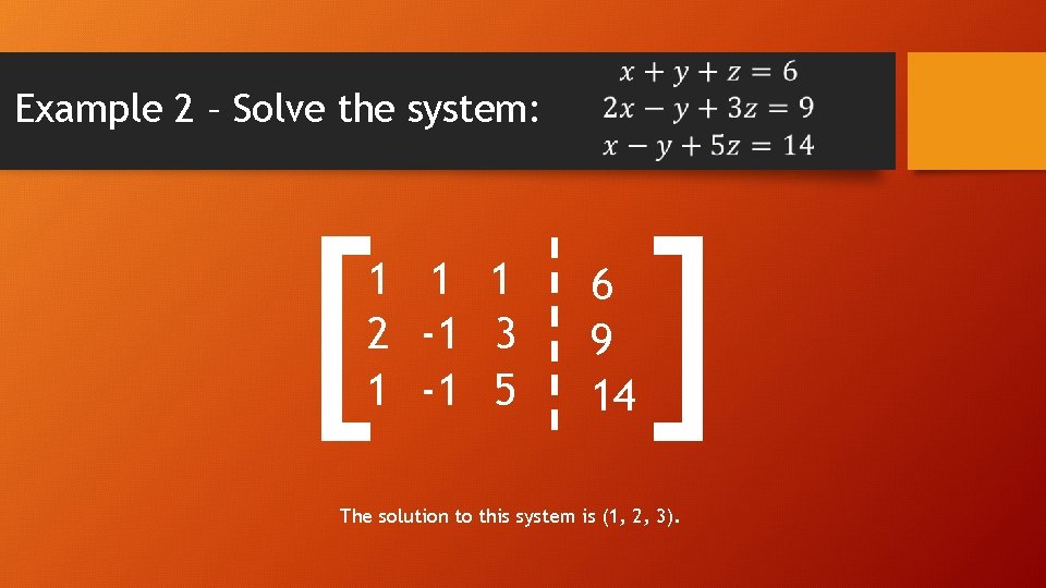 Example 2 – Solve the system: [ 1 1 1 2 -1 3 1
