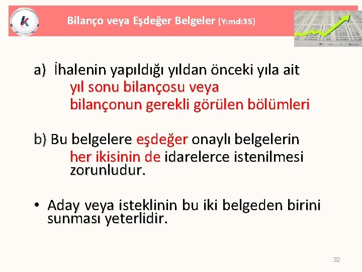 Bilanço veya Eşdeğer Belgeler (Y: md: 35) a) İhalenin yapıldığı yıldan önceki yıla ait