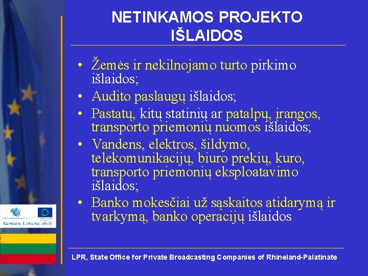 NETINKAMOS PROJEKTO IŠLAIDOS • Žemės ir nekilnojamo turto pirkimo išlaidos; • Audito paslaugų išlaidos;