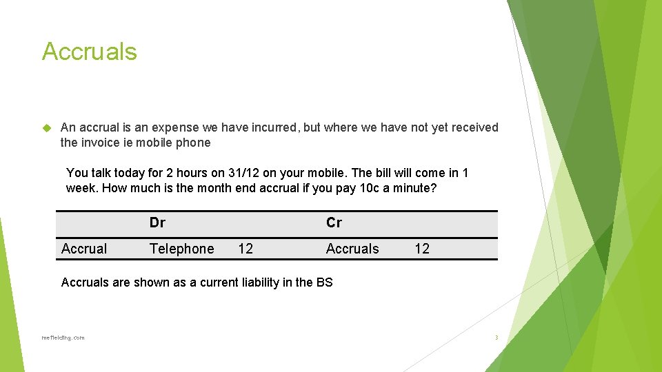 Accruals An accrual is an expense we have incurred, but where we have not