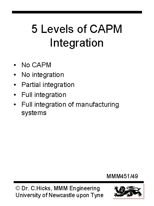 5 Levels of CAPM Integration • • • No CAPM No integration Partial integration