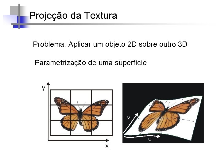 Projeção da Textura Problema: Aplicar um objeto 2 D sobre outro 3 D Parametrização