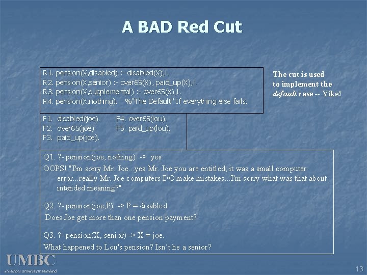 A BAD Red Cut R 1. pension(X, disabled) : - disabled(X), !. R 2.
