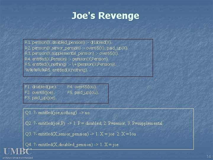 Joe's Revenge R 1. pension(X, disabled_pension) : - disabled(X). R 2. pension(X, senior_pension) :