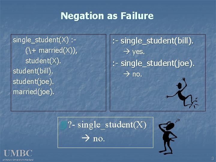Negation as Failure : - single_student(bill). single_student(X) : (+ married(X)), student(X). student(bill). student(joe). married(joe).