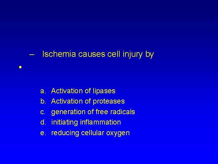 – Ischemia causes cell injury by • a. b. c. d. e. Activation of