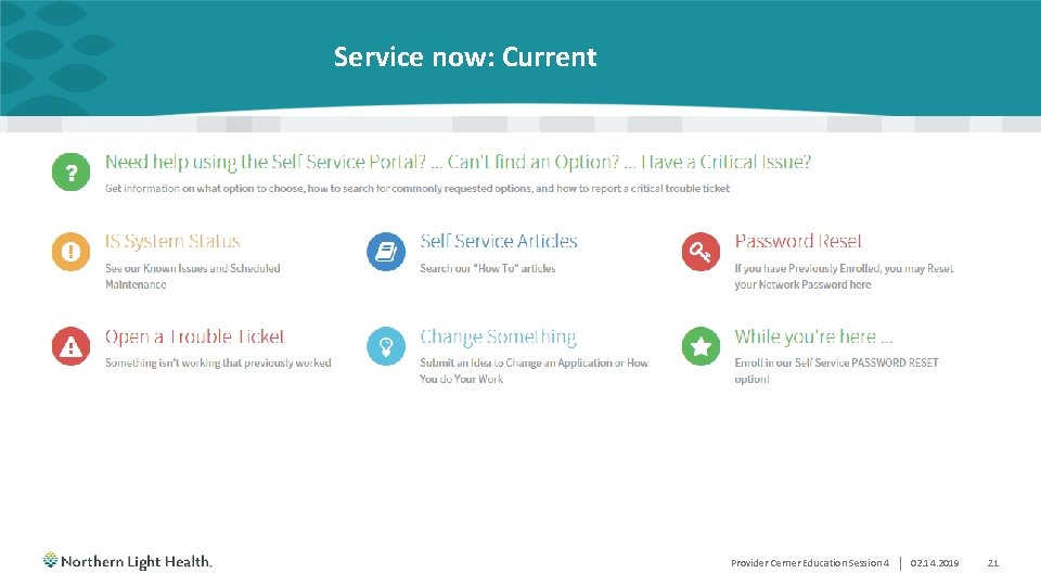 Service now: Current Provider Cerner Education Session 4 | 02. 14. 2019 21 