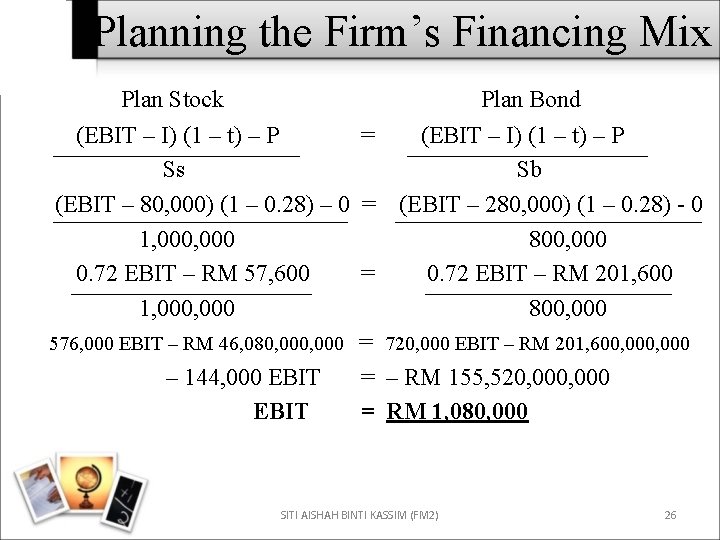 Planning the Firm’s Financing Mix Plan Stock Plan Bond (EBIT – I) (1 –