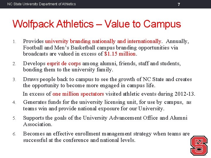 NC State University Department of Athletics 7 Wolfpack Athletics – Value to Campus 1.