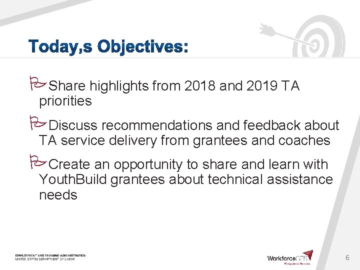  Share highlights from 2018 and 2019 TA priorities Discuss recommendations and feedback about