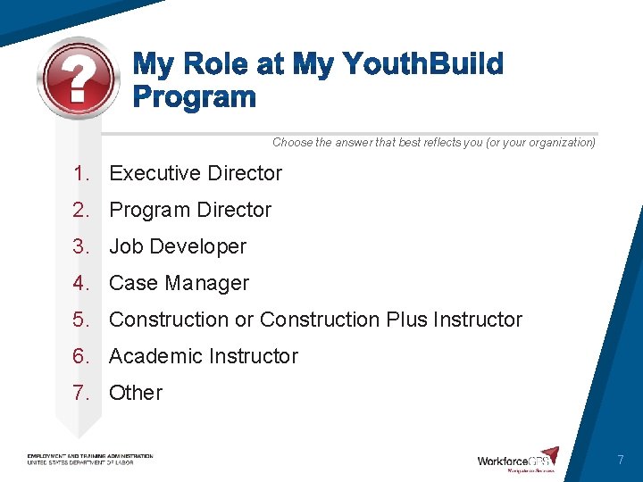 Choose the answer that best reflects you (or your organization) 1. Executive Director 2.