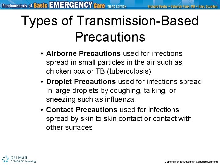 Types of Transmission-Based Precautions • Airborne Precautions used for infections spread in small particles