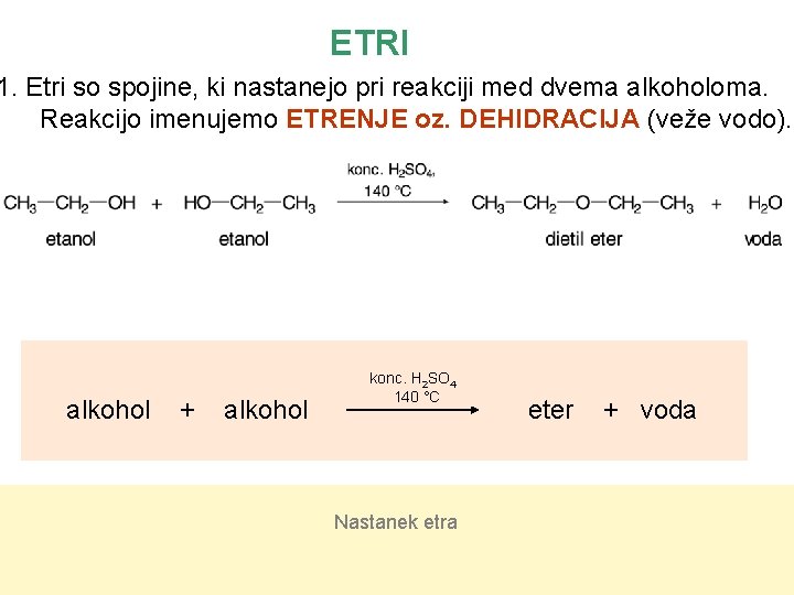 ETRI 1. Etri so spojine, ki nastanejo pri reakciji med dvema alkoholoma. Reakcijo imenujemo