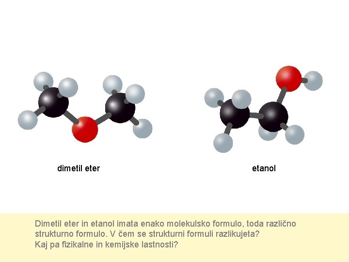 dimetil eter etanol Dimetil eter in etanol imata enako molekulsko formulo, toda različno strukturno