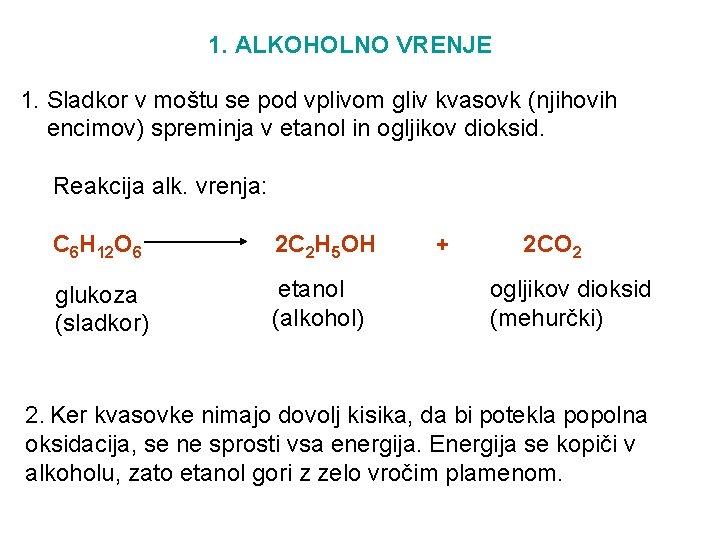 1. ALKOHOLNO VRENJE 1. Sladkor v moštu se pod vplivom gliv kvasovk (njihovih encimov)