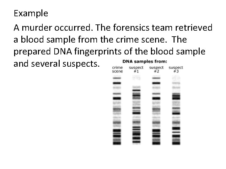 Example A murder occurred. The forensics team retrieved a blood sample from the crime