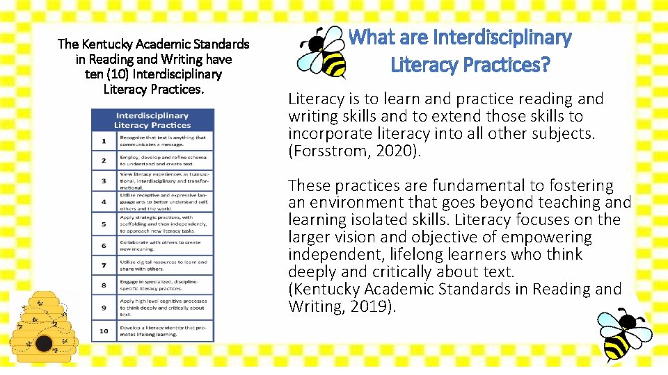 The Kentucky Academic Standards in Reading and Writing have ten (10) Interdisciplinary Literacy Practices.