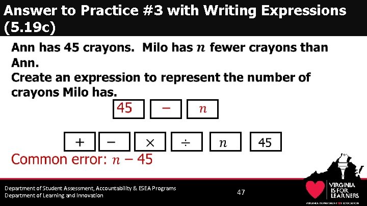 Answer to Practice #3 with Writing Expressions (5. 19 c) • Department of Student