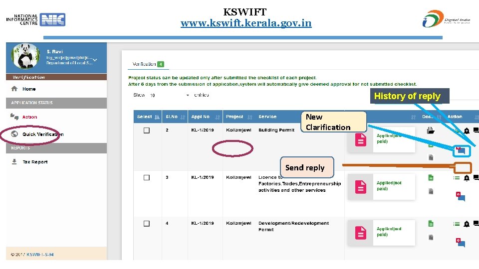 KSWIFT www. kswift. kerala. gov. in History of reply New Clarification Send reply 65