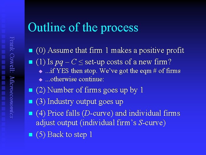 Outline of the process Frank Cowell: Microeconomics n n (0) Assume that firm 1