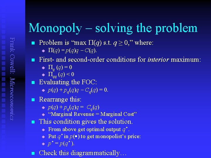 Monopoly – solving the problem Frank Cowell: Microeconomics n Problem is “max P(q) s.