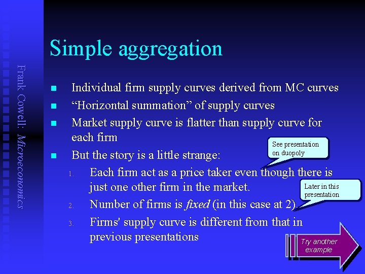 Simple aggregation Frank Cowell: Microeconomics n n Individual firm supply curves derived from MC