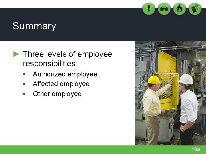 Summary ► Three levels of employee responsibilities: • • • Authorized employee Affected employee