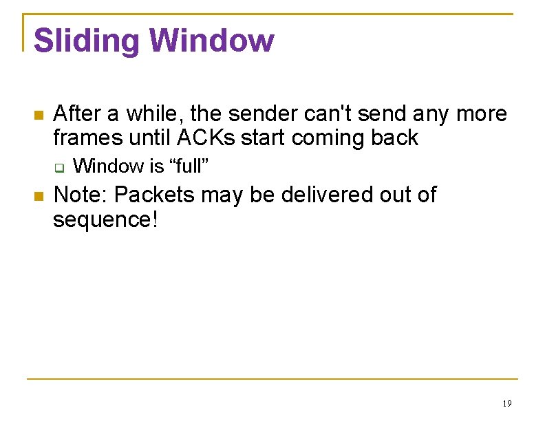 Sliding Window After a while, the sender can't send any more frames until ACKs